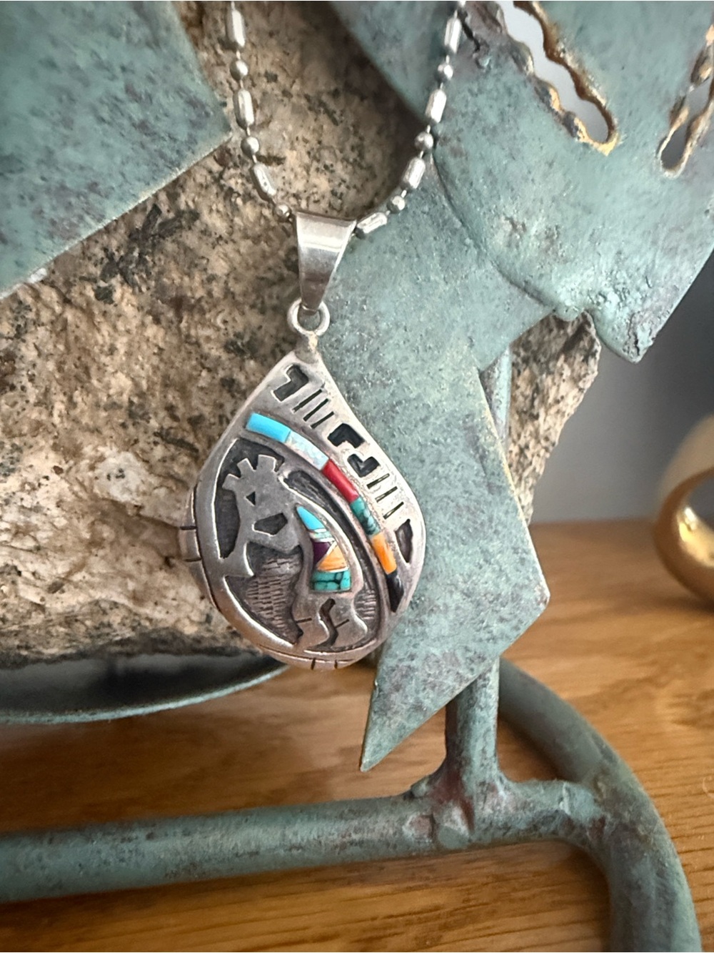 Sterling Silver Teardrop Necklace with Turquoise, Red and Orange Inlay